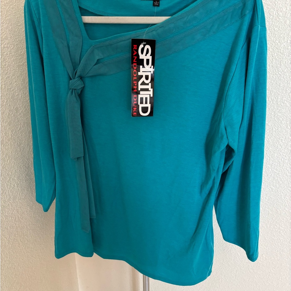 Spirited by Randolph Duke Teal Asymmetrical Tie-Neck Top | L | NWT
